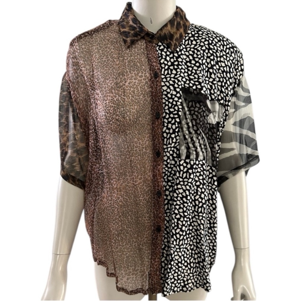 Vintage 80’s Sheer Animal Print Blouse with Shoulder Pads by Luv-To-Sport Size L